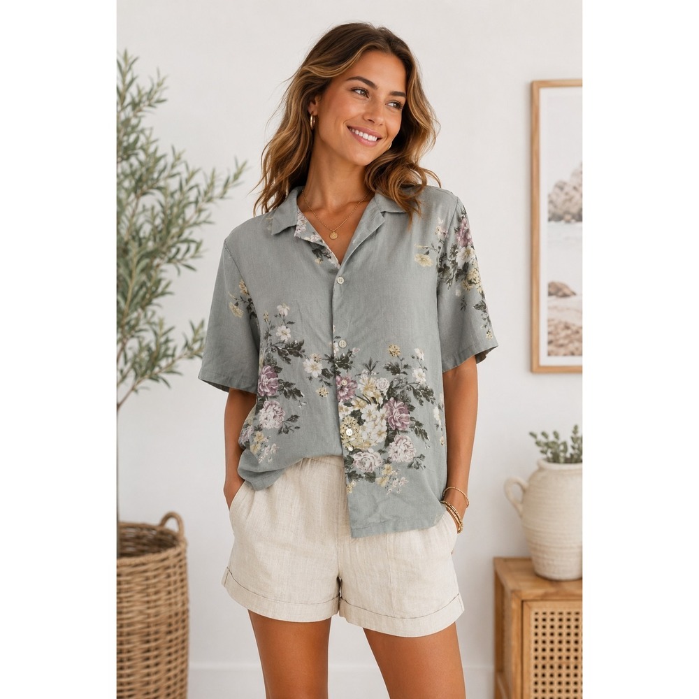 NWT Abercrombie & Fitch Floral Linen Blend‎ Shirt Women's Size L Quiet Luxury